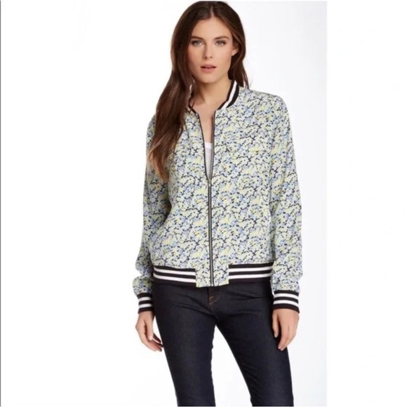 EQUIPMENT FEMME 100% Silk Floral Lined Bomber Jacket Full Zip Casual Comfort XS - Picture 2 of 11